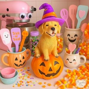 Dog on Jack-o’-Lantern Halloween Statue Witch Hat 9” Resin NWT